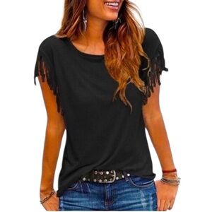BOUTIQUE Black Fringe Sleeve T-Shirt - WS